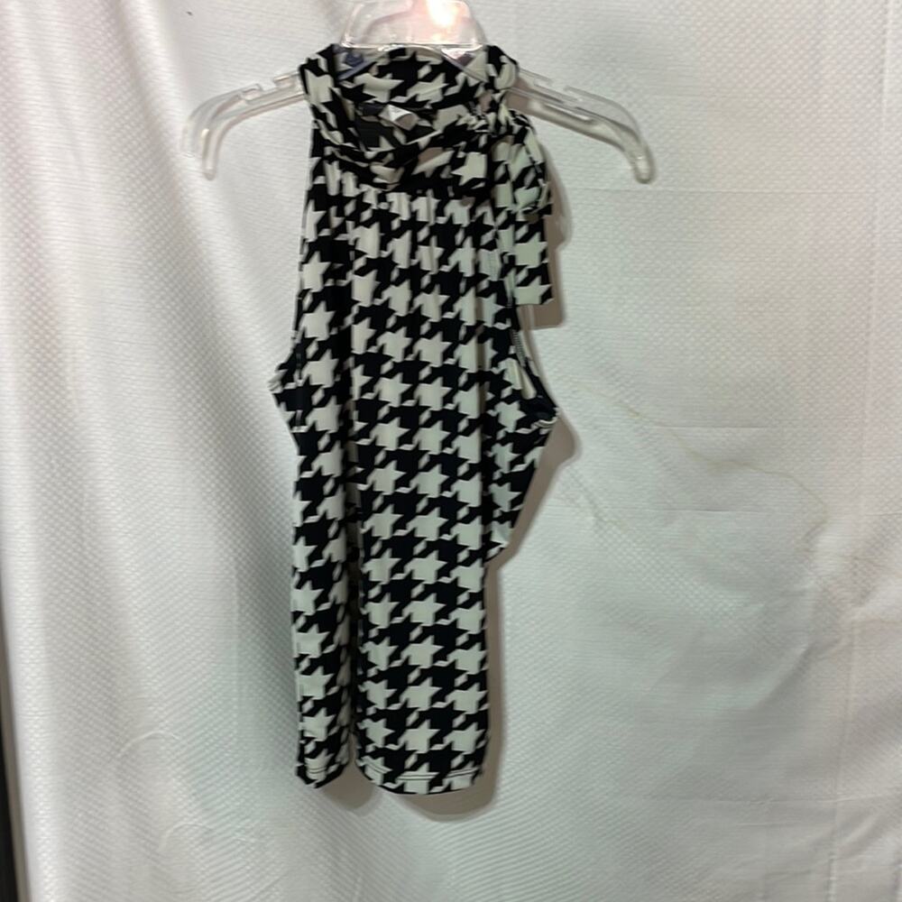 Jonden L houndstooth black white check cut away shoulder tie neck euc worn once